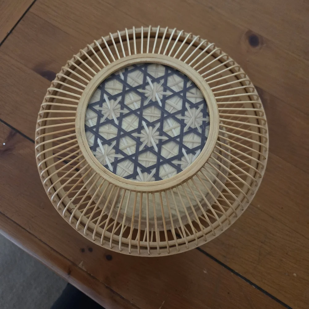 Vintage Bamboo Lucky Cricket Cage Woven Starburst Pattern Protected With Glass